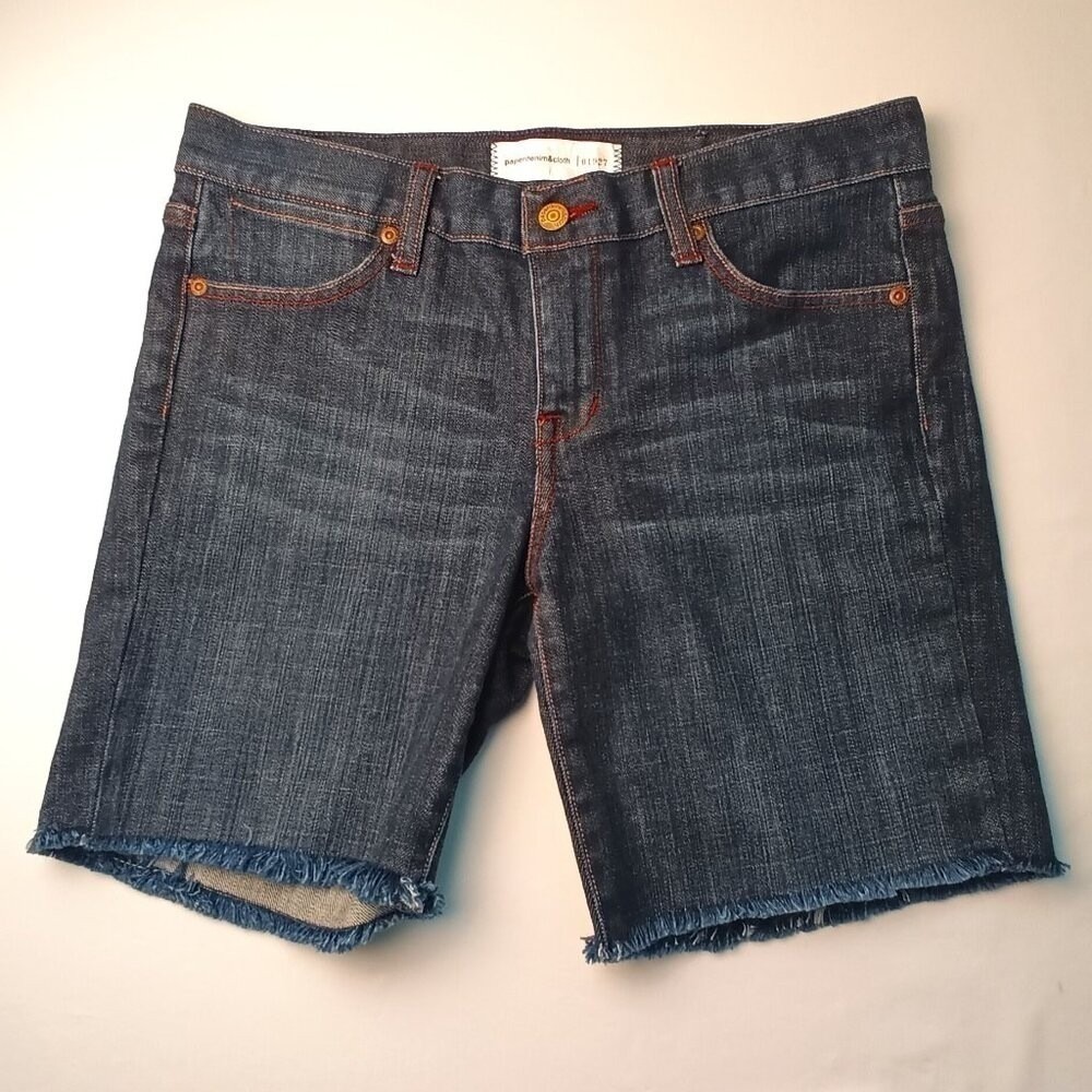 Paperdenim&cloth Women Raw Hem Bermuda Denim Shorts Size 8 Dark Blue Wash Summer
